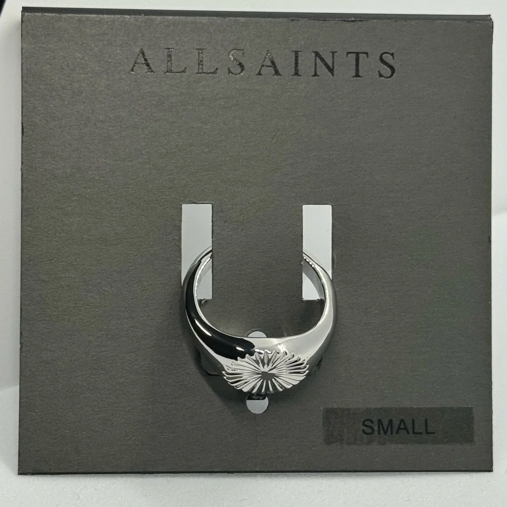 AllSaints‎ New Size 6 Rhodium Plated Textured Fan Signet Ring Silver Tone Brass